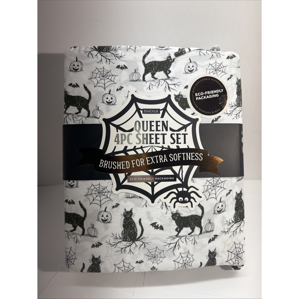 Envogue QUEEN 4pc Sheet Set Good Luck Halloween Black Cat NewPumpkin Bats Spider